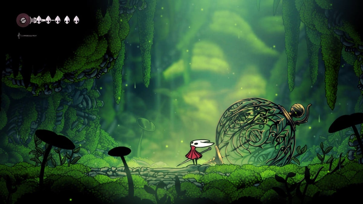 Hornet looking upwards in a verdant mao in Hollow Knight: Silksong